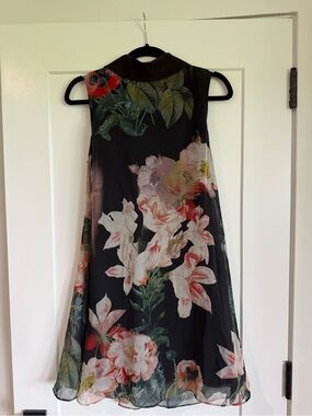Ted Baker London Black Midi Dress with Pink & Green Floral Print
